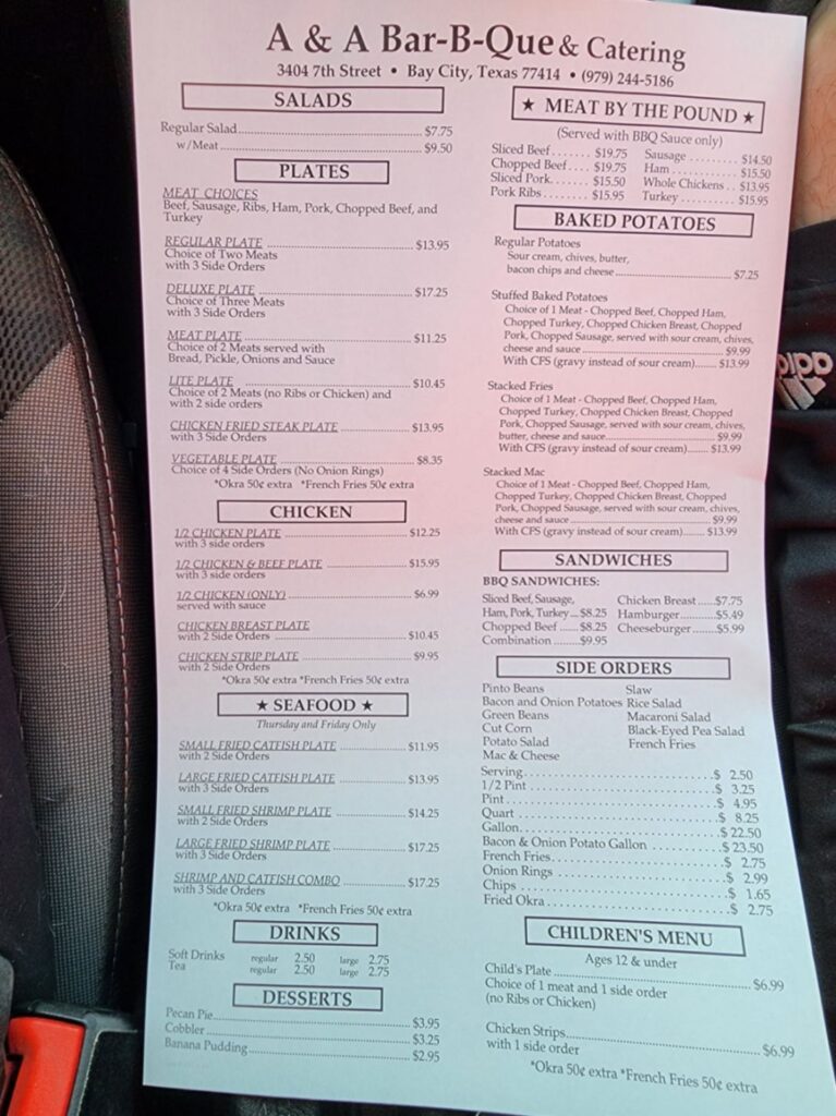 A & A Bar-B-Que Menu 1